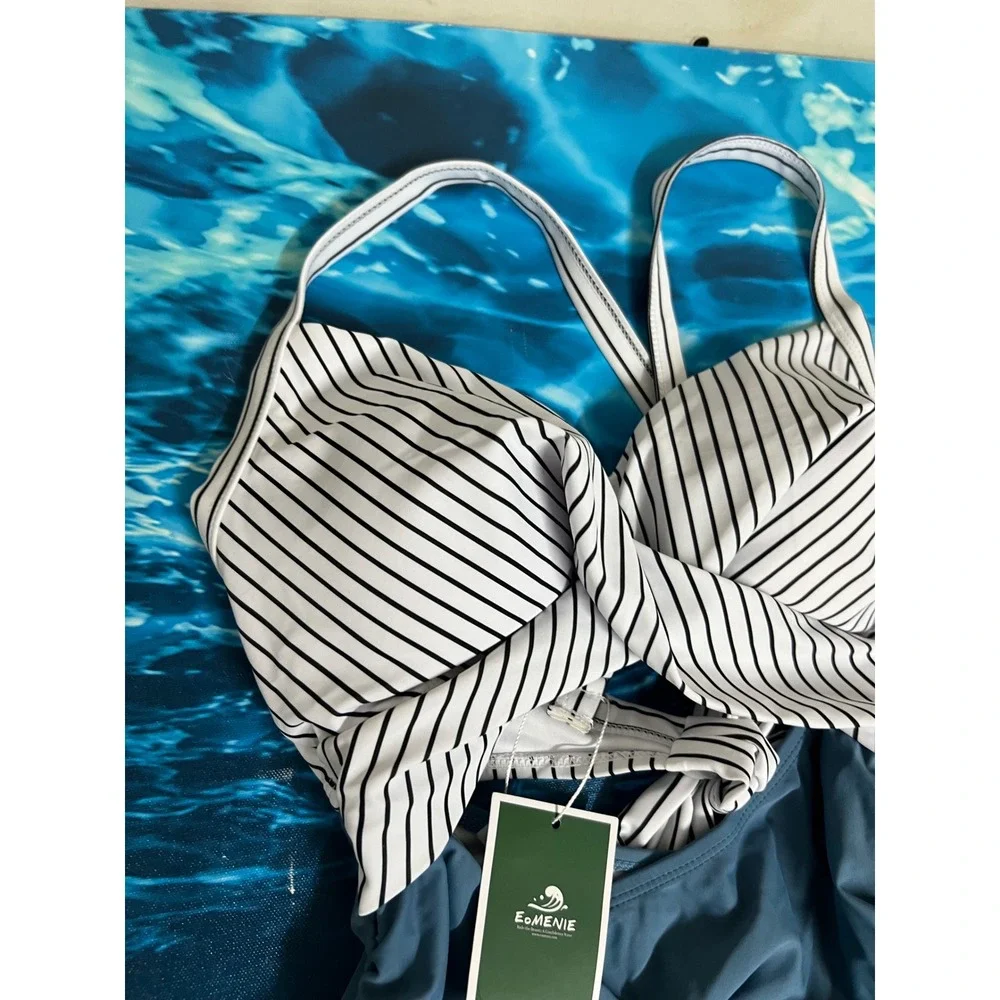 ☀️Eomenie Womens Striped Twist Front Tummy Control One Piece Swimsuit Blue White